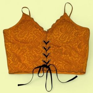 Yellow lace lace up tie cropped tank top